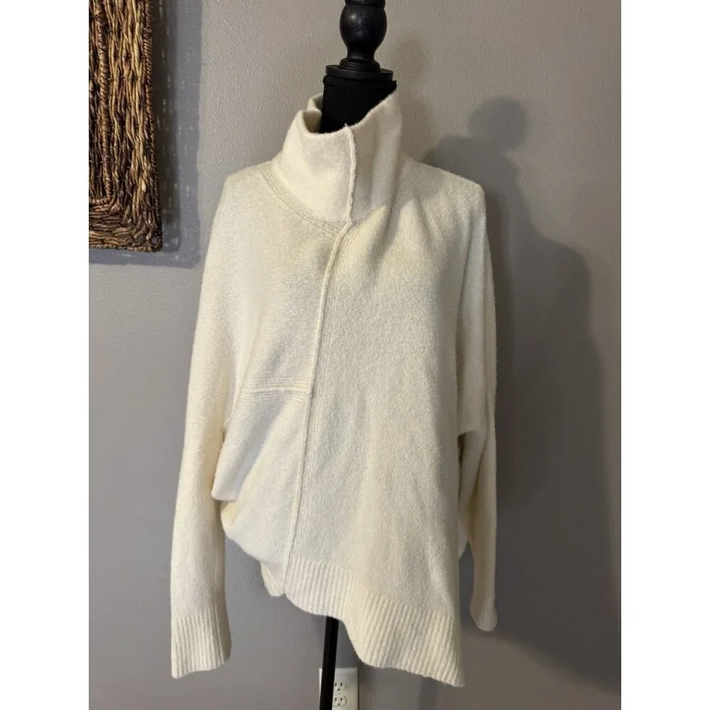 ALLSAINTS Sweater Lock Roll Neck Wool Yak L Blend Asymmetrical Hem Ivory